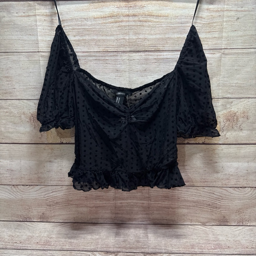 Forever 21 Black Sheer Polka Dot Blouse Crop Top NWT